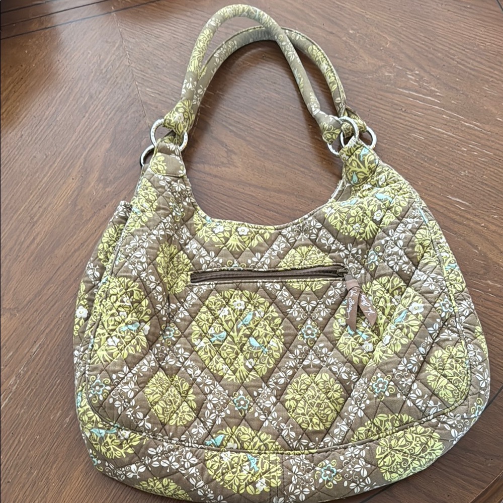 Vera Bradley BlueBird Brown and Green Quilted Crescent Hobo Tote Shoulder Bag